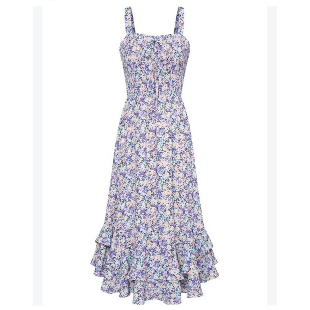 Grace Karin Floral Smocked Midi Dress Purple Blue Ruffle High Low Hem Large